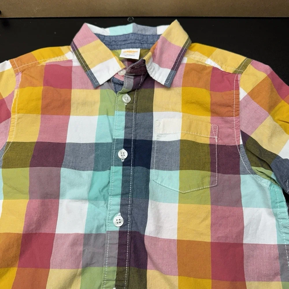 Gymboree Boys Rock Yellow‎ Blue Magenta Checkered Shirt Size S 5/6 Short Sleeve